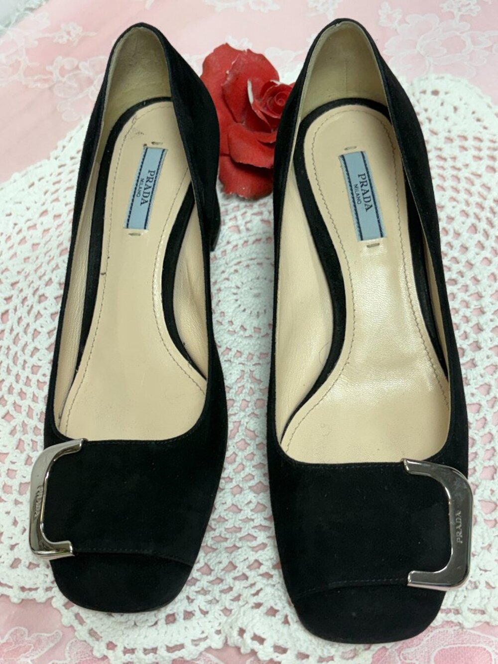 PRADA-Women-Black Suede Leather heel Dress shoes.Sz-8/EUR-38.Italy.